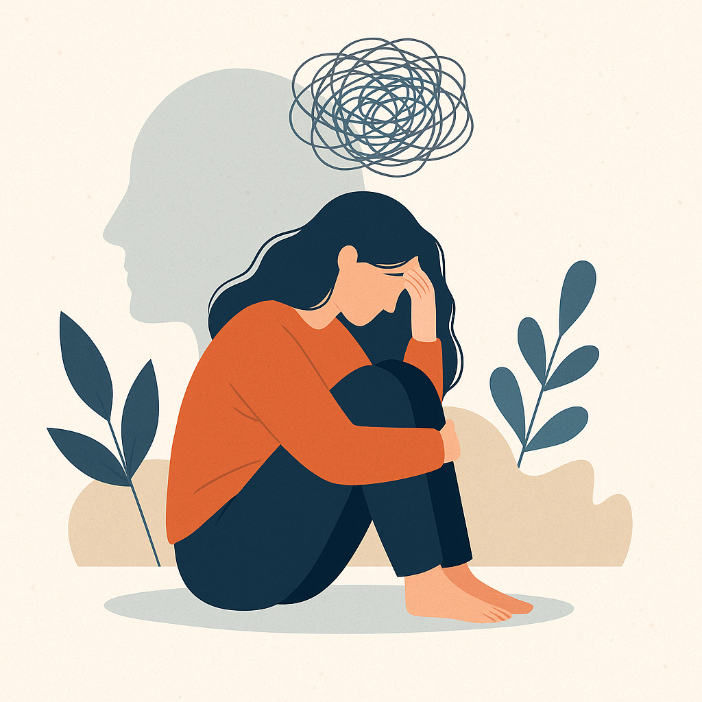 Ilustración de burnout neurodivergente en personas con TDAH y autismo, mostrando agotamiento emocional y fatiga social