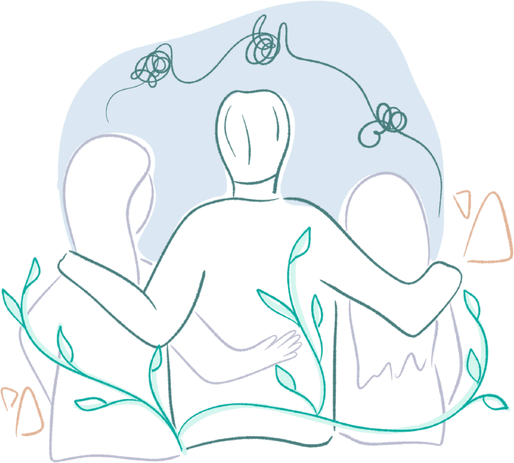 Ilustración de tres personas abrazadas de espaldas, rodeadas de hojas